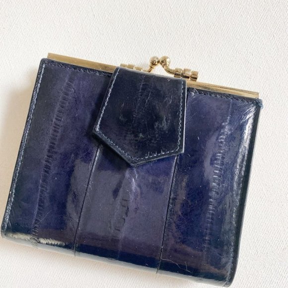 Vintage Navy Blue Eel Skin Buttery Soft Small Square Bifold Wallet - Picture 2 of 6